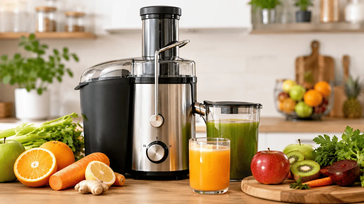 Comparaison visuelle entre un jus vert et un jus orange obtenus par centrifugation, fruits et legumes autour