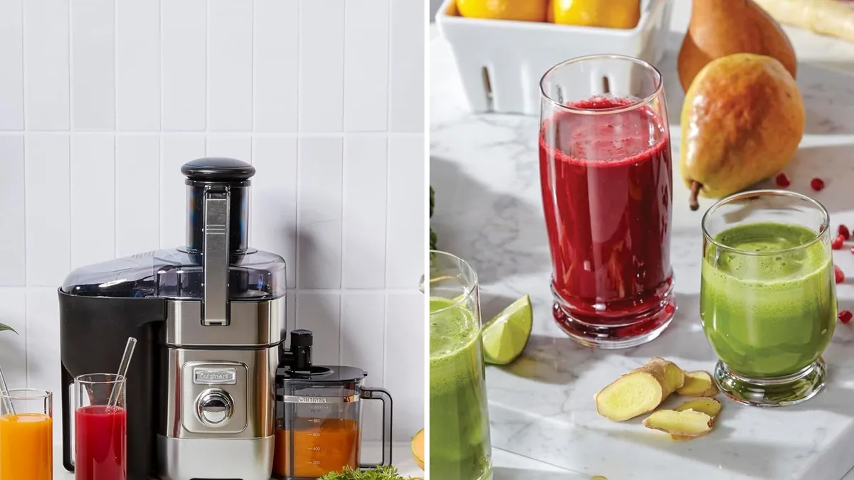 Deux verres de jus, rouge et vert, avec poire et gingembre frais