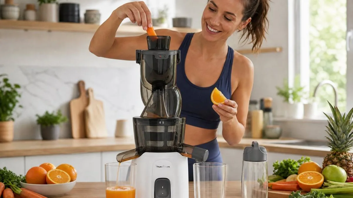 Utilisatrice inserant une carotte dans un extracteur de jus blanc, oranges en arriere-plan