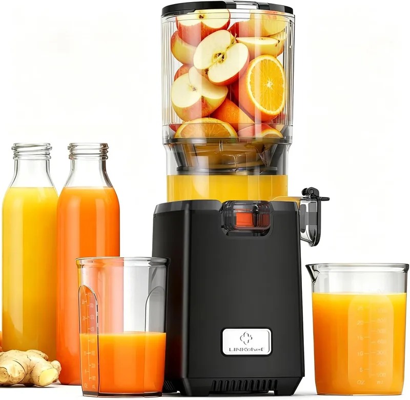 Extracteur de jus LINKChef SJ52-0226 noir avec sa cuve remplie de pommes et d'oranges entières